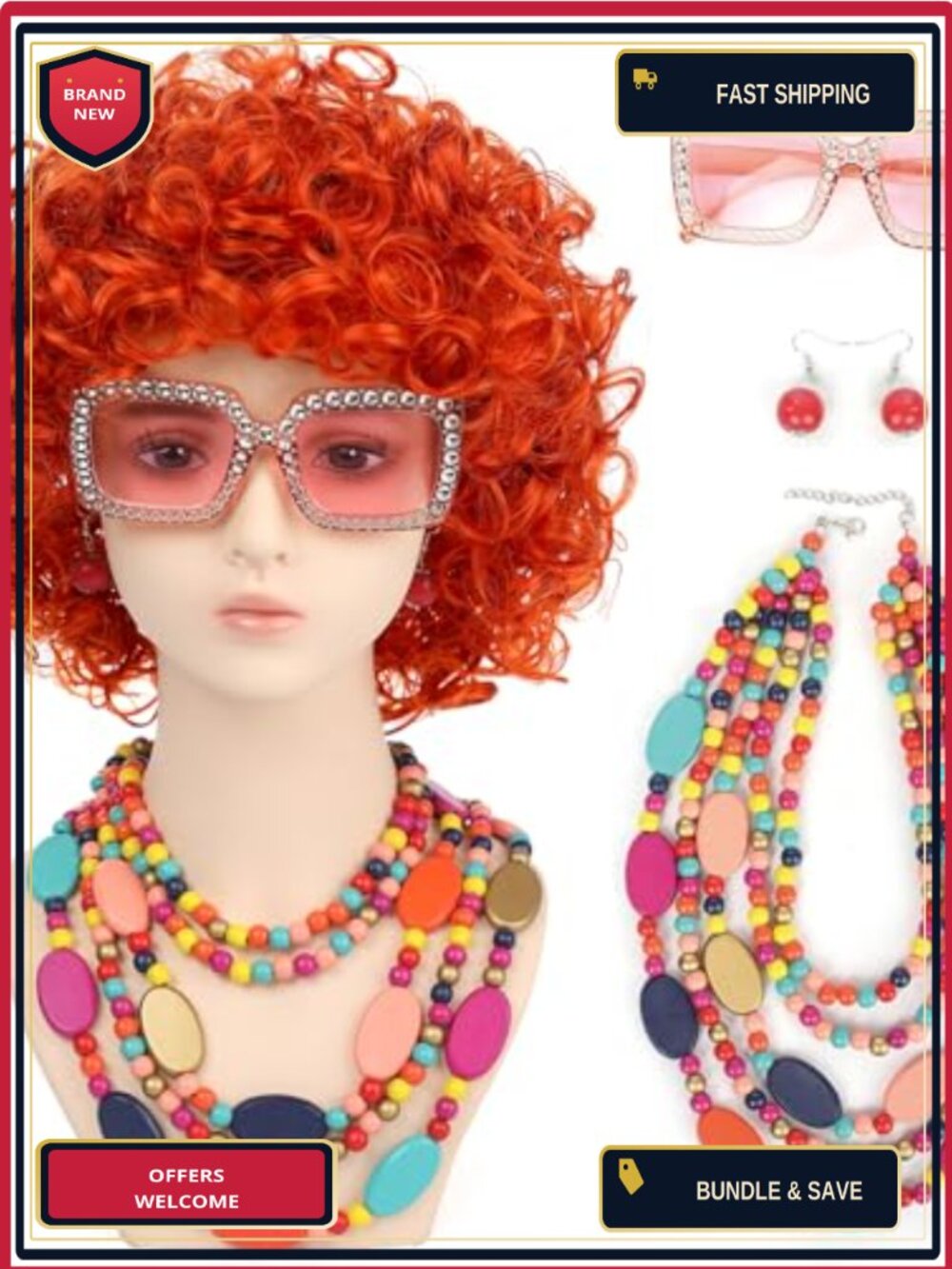 Curly Orange Red Cosplay Wig with Jewelry Set Heat Resistant Adjustable Cap